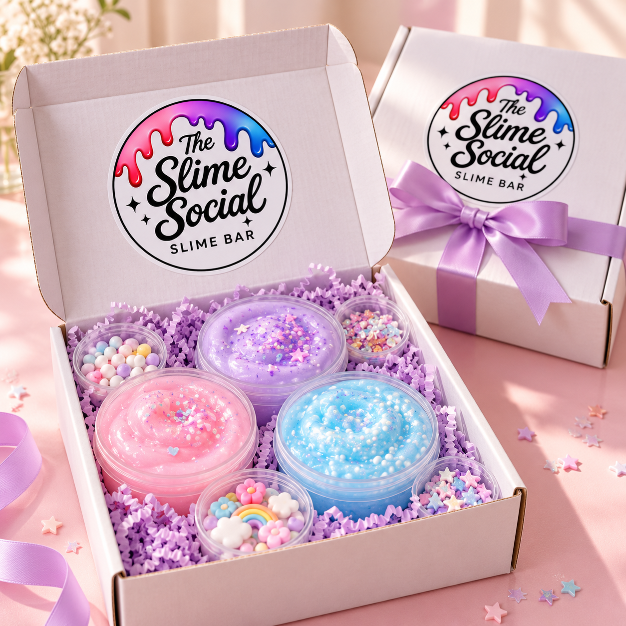 Custom slime gift box concept with The Slime Social logo, pastel slime tubs, colorful charms, and a ribbon-wrapped gift box.