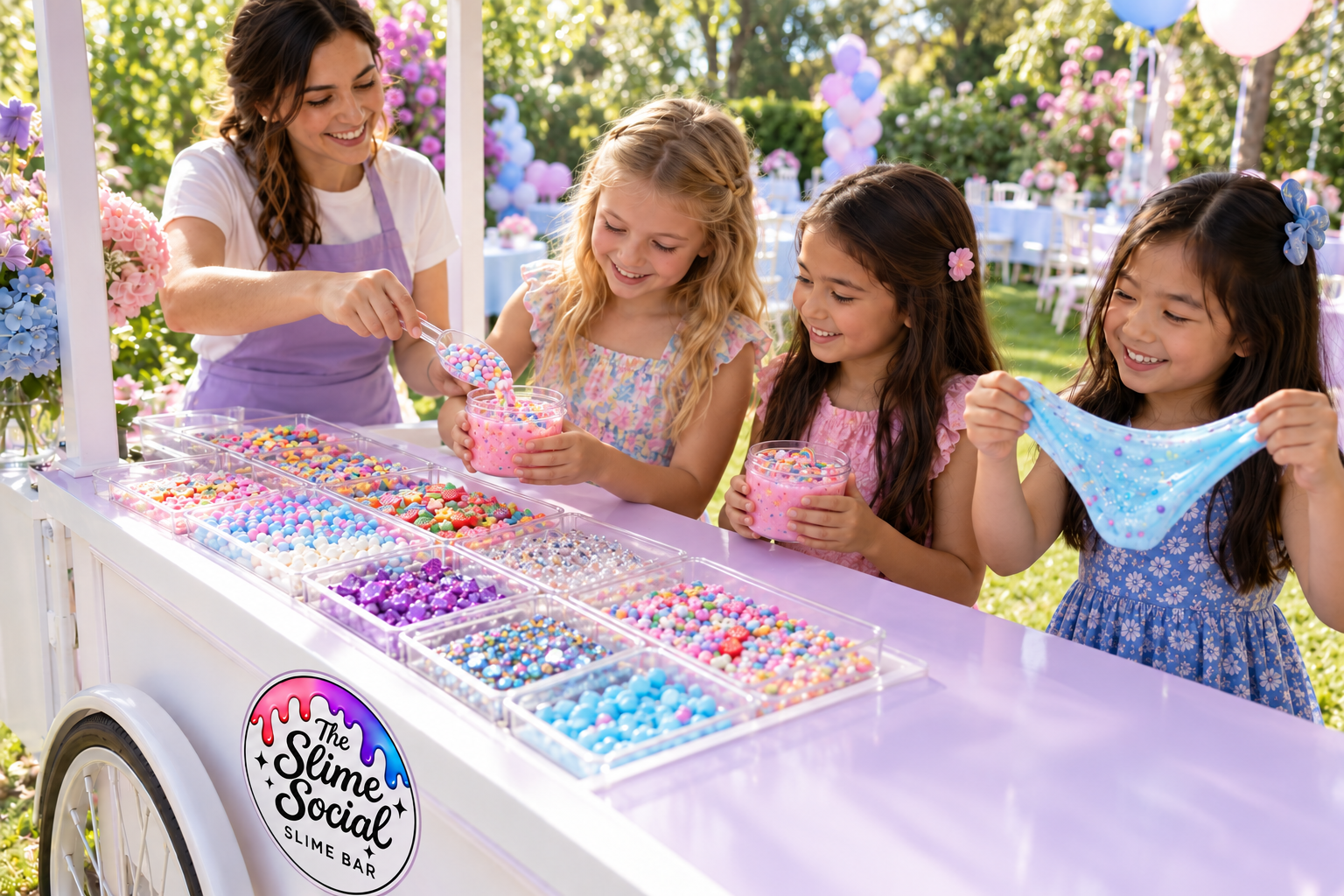 Illustrative scene of a slime cart attendant scooping toppings into a child’s slime tub while the children hold their own slime.
